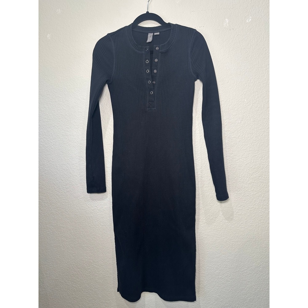 Sweaty Betty Black Ribbed Henley Midi Dress Long Sleeve Cotton Blend XS 4